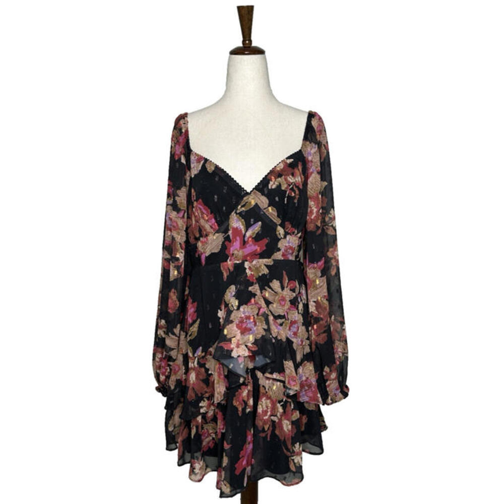 Romantic Floral Chiffon Tiered Lurex Mini Dress V Neck Balloon Sleeve - Picture 2 of 8